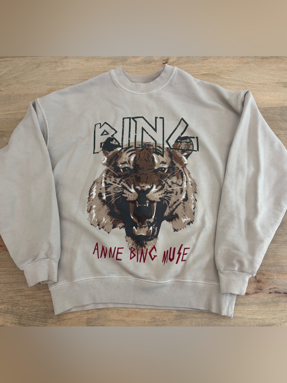 Anine Bing Beige Tiger Graphic Crewneck Sweatshirt with Red Accents
